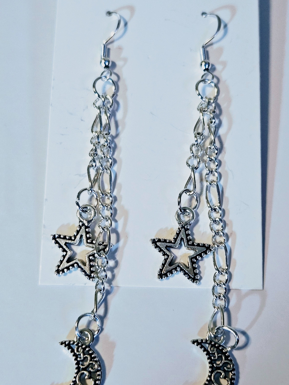 Silver Star & Moon Dangle Earrings - Silver Tone